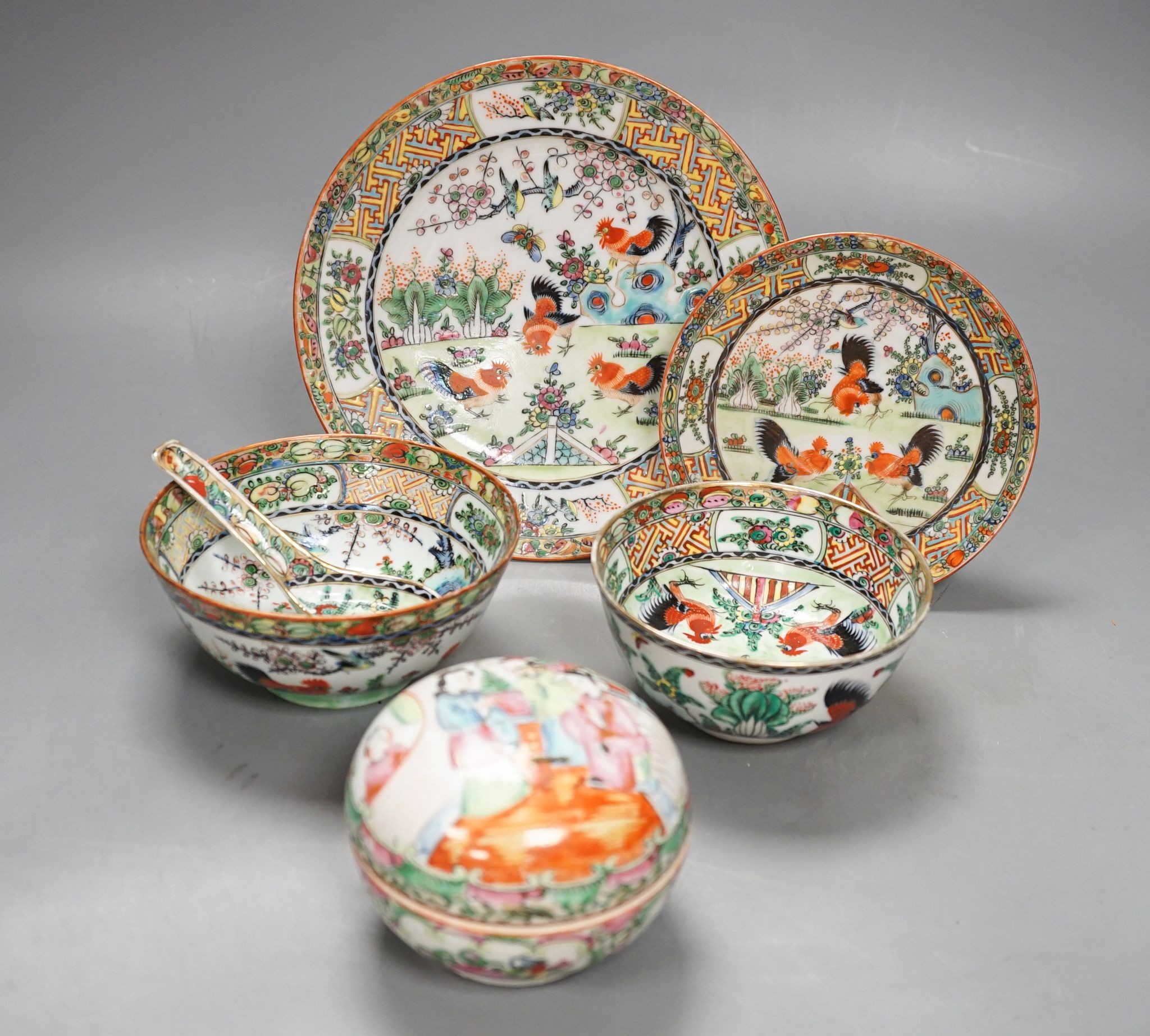 A Chinese famille rose box and cover, 9.7 cm diameter and a group of porcelain ‘chicken’ wares, Republic period